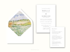 White envelope with a printed liner showing a painted farm landscape.