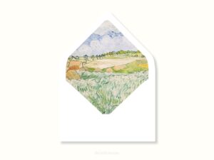 White envelope with a printed liner showing a painted farm landscape.