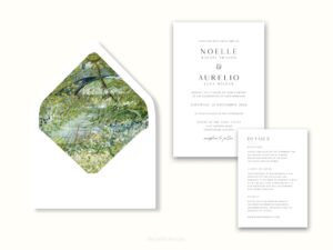 White envelope with a printed liner showing a painted green forest river landscape next to wedding invitations.