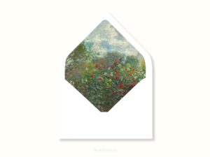 White envelope with a printed liner showing a painted green garden with red flowers.