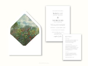 White envelope with a printed liner showing a painted green garden with red flowers next to wedding invitations.