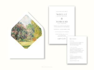 White envelope with a printed liner showing painted forest scene next to wedding invitations.