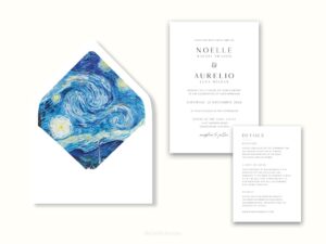 White envelope with a printed liner showing a painted starry night scene.