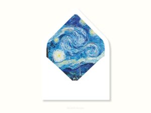 White envelope with a printed liner showing a painted starry night scene.