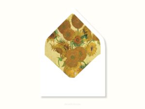 White envelope with a printed liner showing a painting of sunflowers.