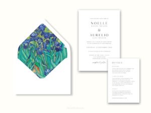 White envelope with a printed liner showing a painted floral bouquet next to wedding invitations.