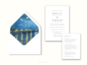 White envelope with a printed liner showing a painted starry night scene.