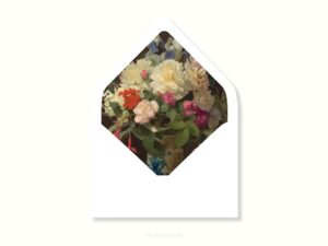 White envelope with a printed liner showing a painted floral bouquet.