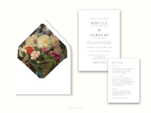 White envelope with a printed liner showing a painted floral bouquet.