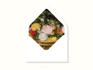 White envelope with a printed liner showing a painted floral bouquet.