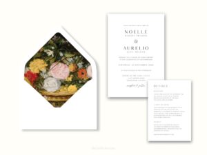 White envelope with a printed liner showing a painted floral bouquet next to wedding invitations.