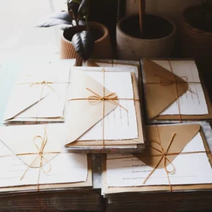 A stack of wedding invitations tied with string