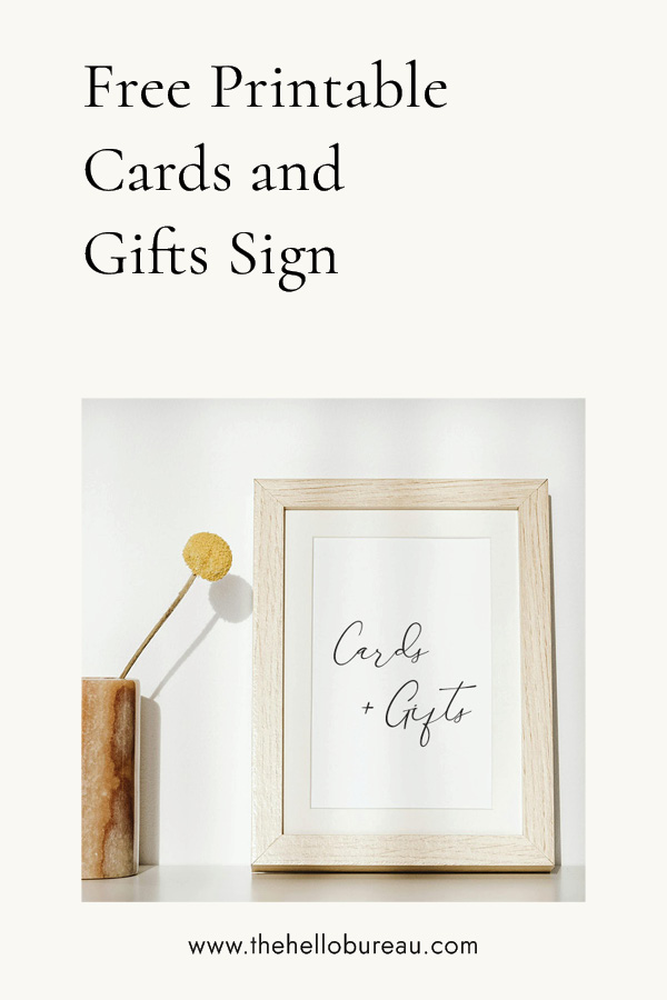 A Pinterest pin with the text 'free printable cards and gifts sign' and an image of the printed sign in a wooden frame