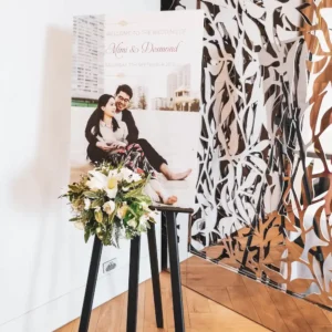 A wedding welcome sign on an easel