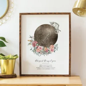 A framed print on a wooden table