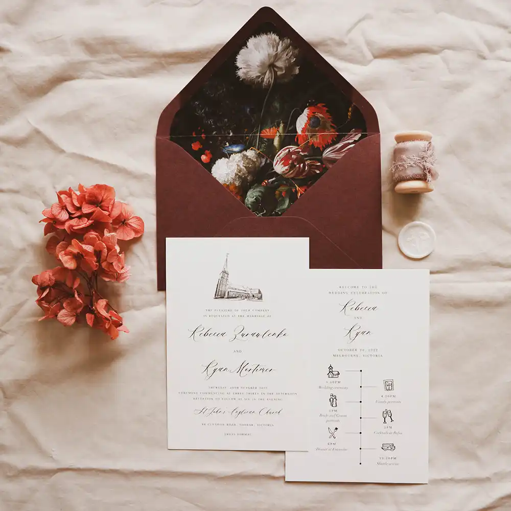 A wedding invitation set on a table