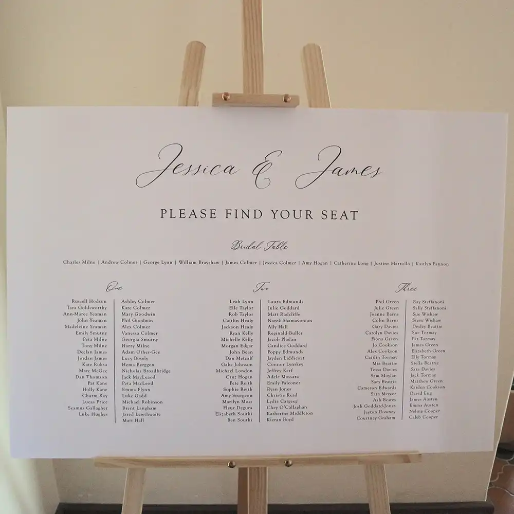 A wedding seating chart sign on an easel