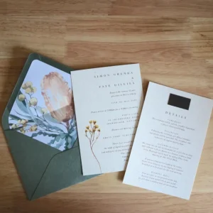 A wedding invitation on a table