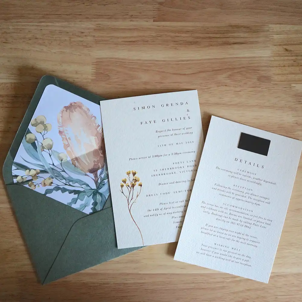 A wedding invitation on a table