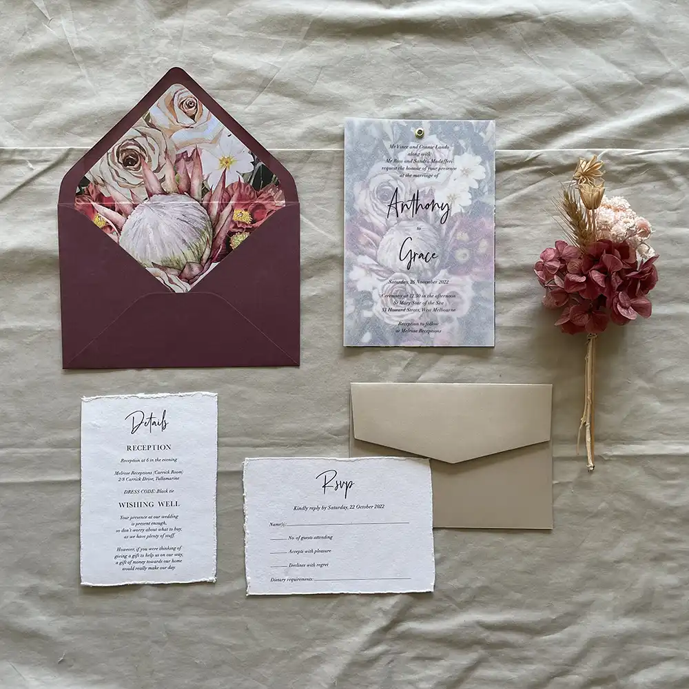 A wedding invitation set on a table