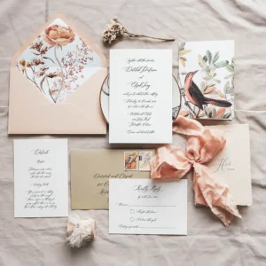 A wedding invitation set on a table