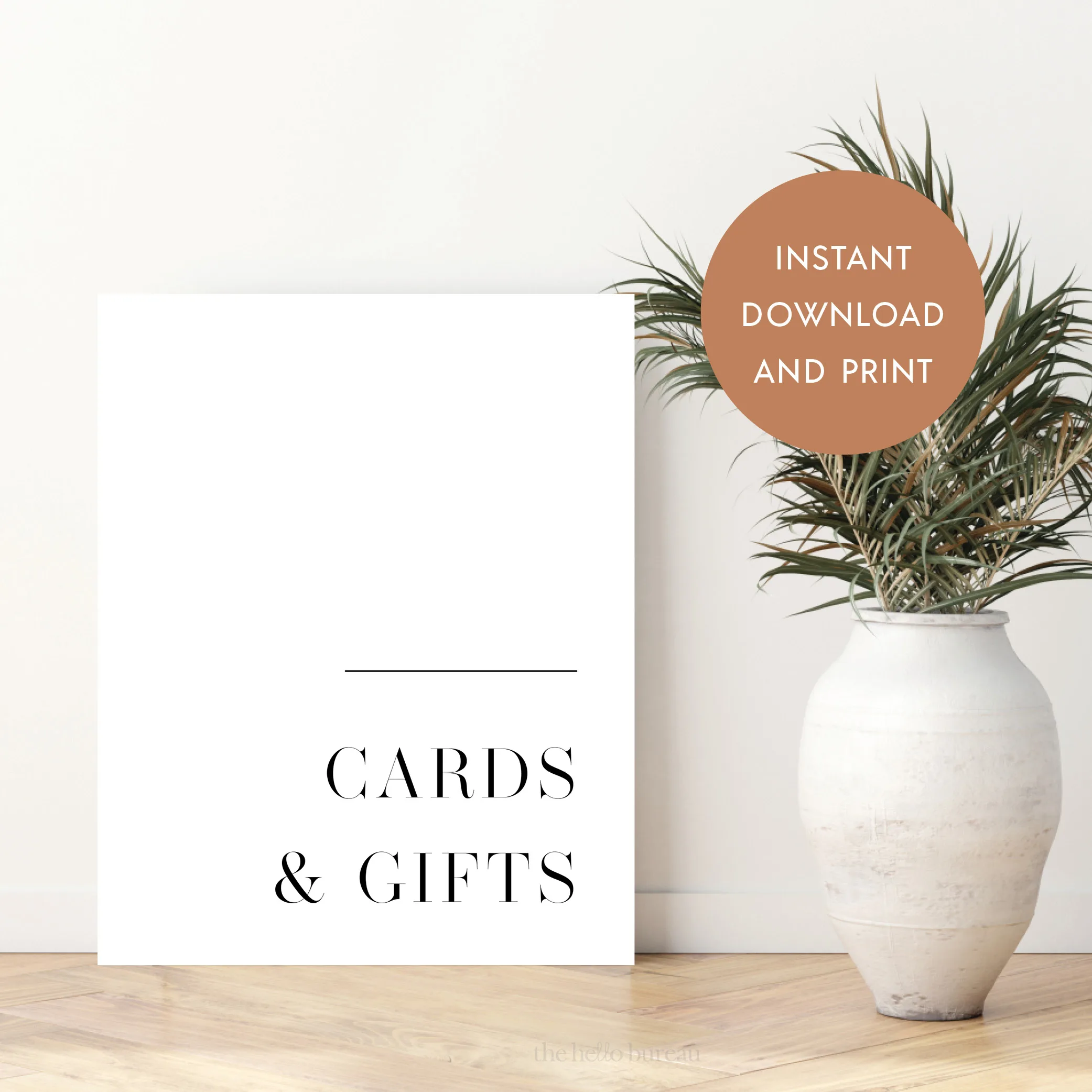 Our second free printable minimal cards and gifts sign displayed against a wall