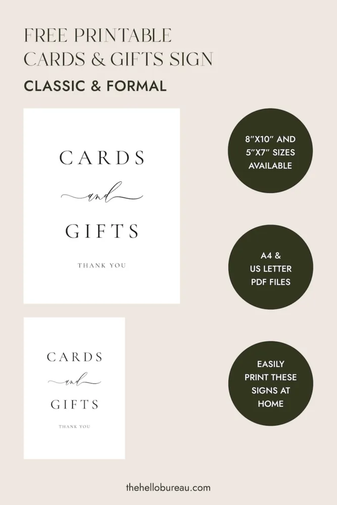 Product information for The Hello Bureau free printable cards and gifts sign in Classic and Formal style, showing 8x10 and 5x7 sizes available in A4 and US Letter PDF formats.