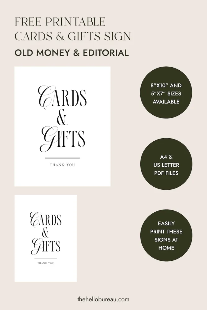 Digital download details for The Hello Bureau free printable cards and gifts sign in Old Money and Editorial style, including home printing instructions and PDF size options.