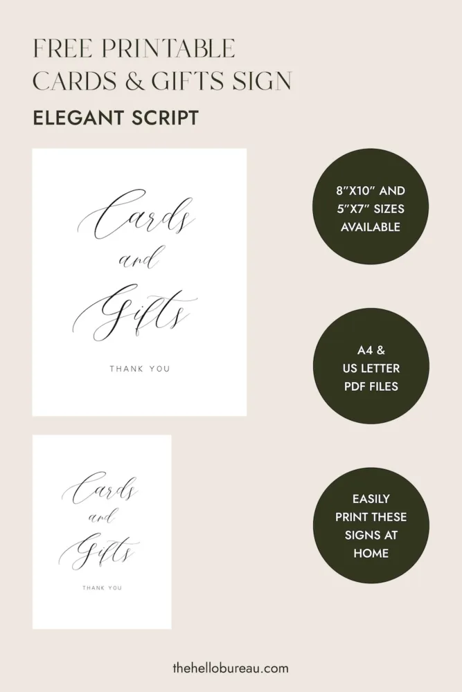Product specifications for The Hello Bureau's free printable cards and gifts sign in Elegant Script, featuring 5x7 and 8x10 sizes and home printing instructions.