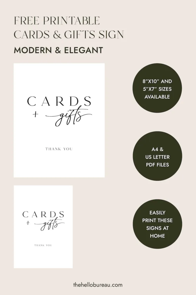 Product details for The Hello Bureau free printable cards and gifts sign in Modern and Elegant style, showing available 8x10 and 5x7 PDF sizes for home printing.