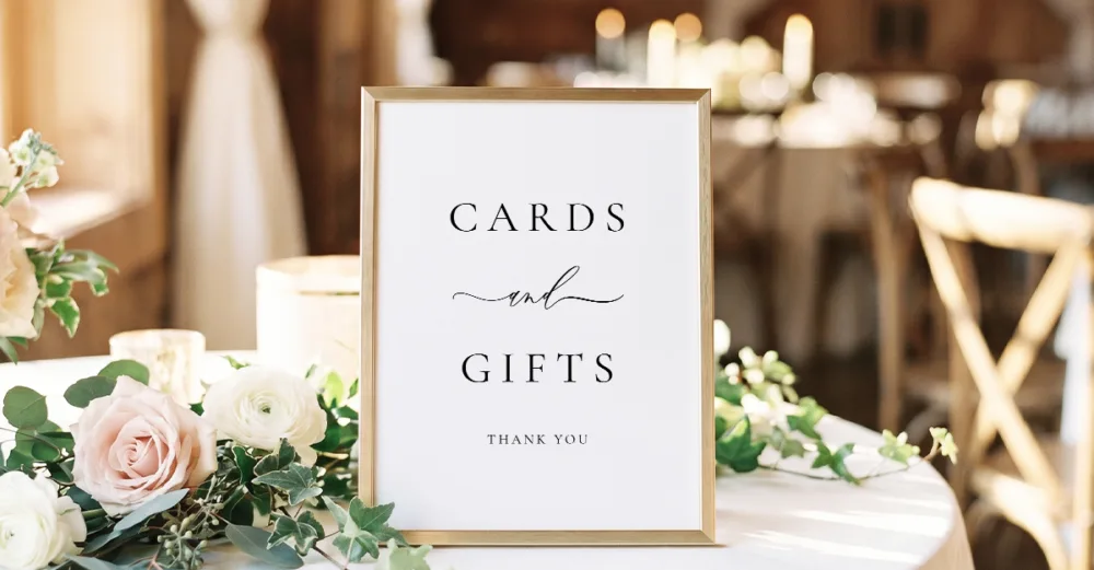 A collection of 5 free printable cards and gifts signs for weddings and events. Featuring various design styles including botanical, minimalist typography, and elegant script. DIY table signage templates by The Hello Bureau for easy home printing.
