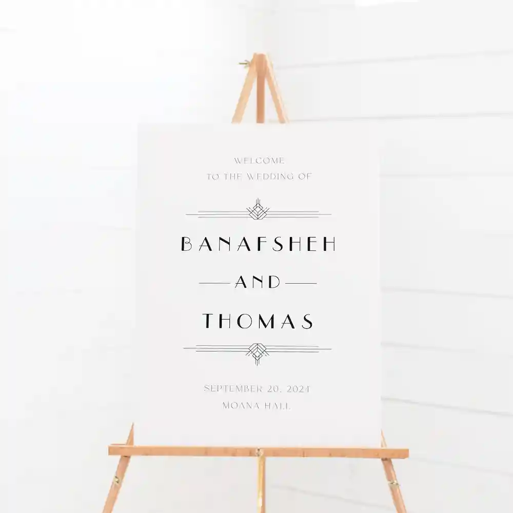 A wedding welcome sign on an easel