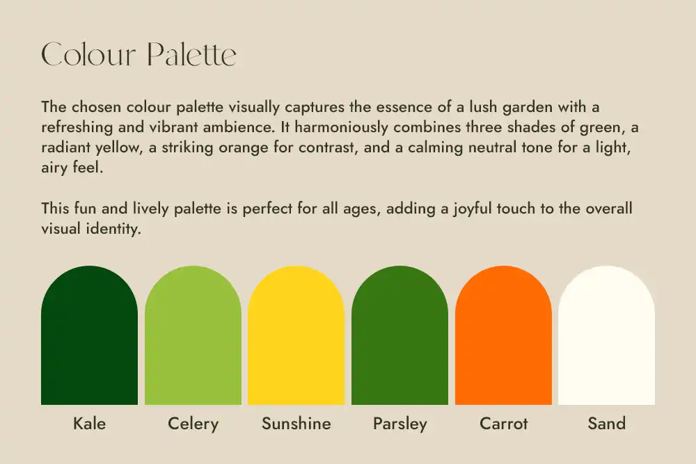 A colour palette consisting of greens, yellow and orange for the visual identity of a community garden.