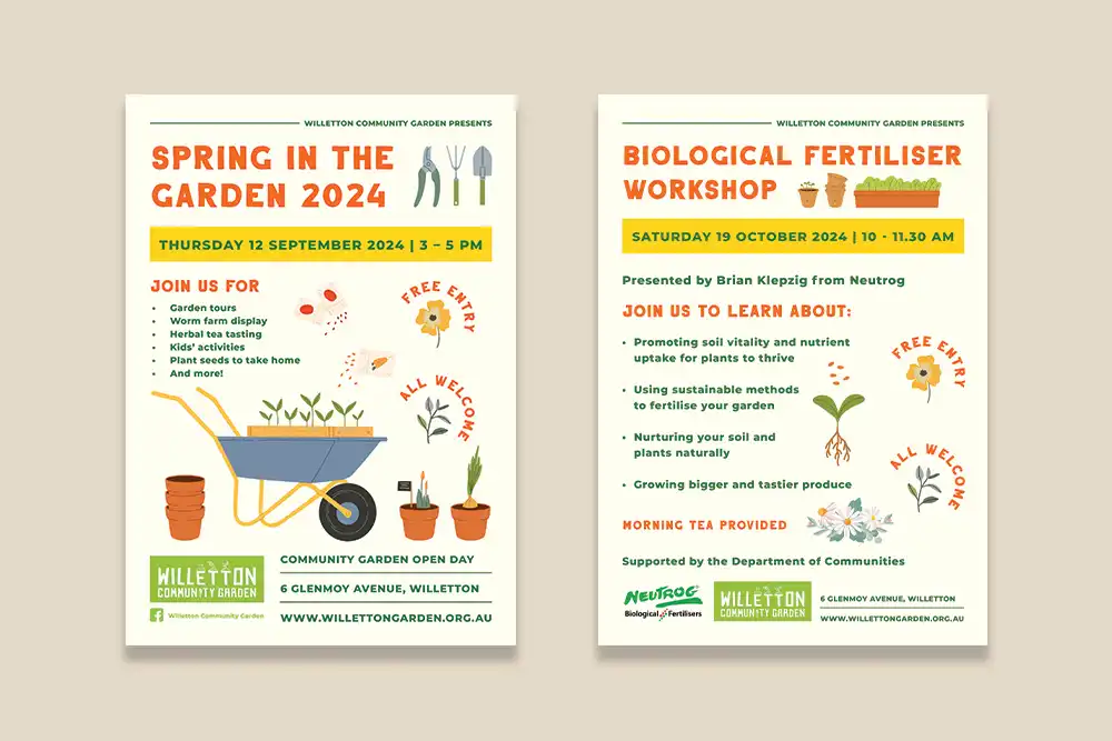 Two flyer designs for a community garden event.