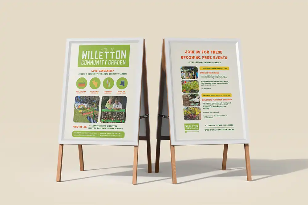 Two sandwich board designs for Willetton Community Garden.