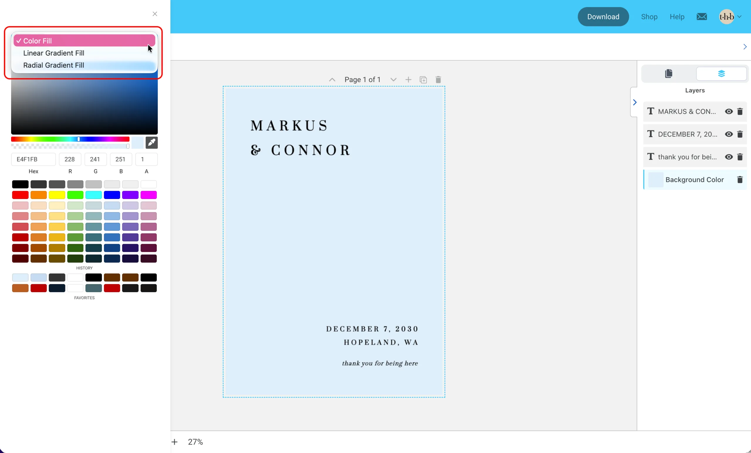 A screenshot of the template editing platform with the colour picker menu open and a sign with a blue background colour.