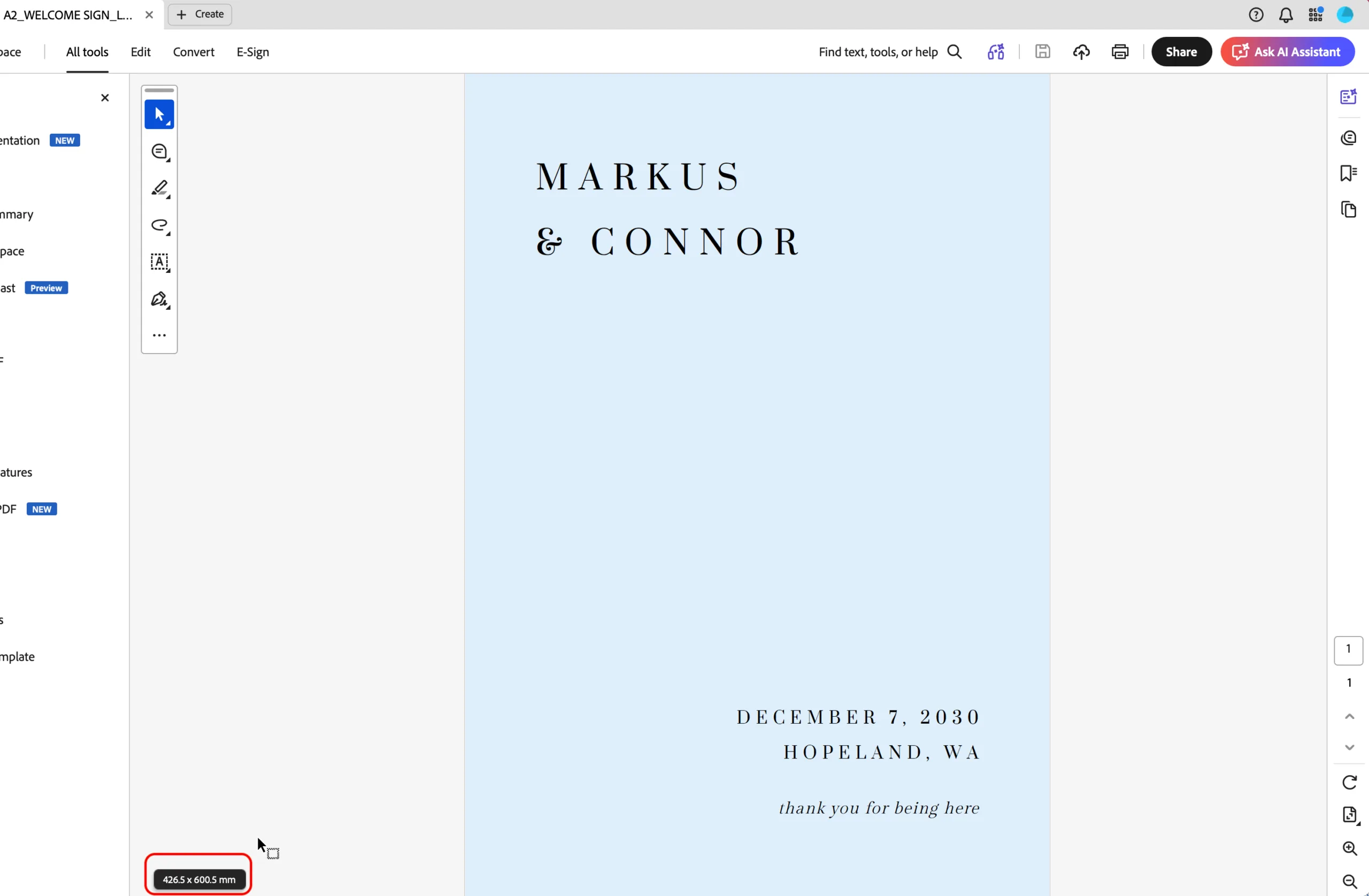 A screenshot of a PDF file with a blue sign with bleed added.