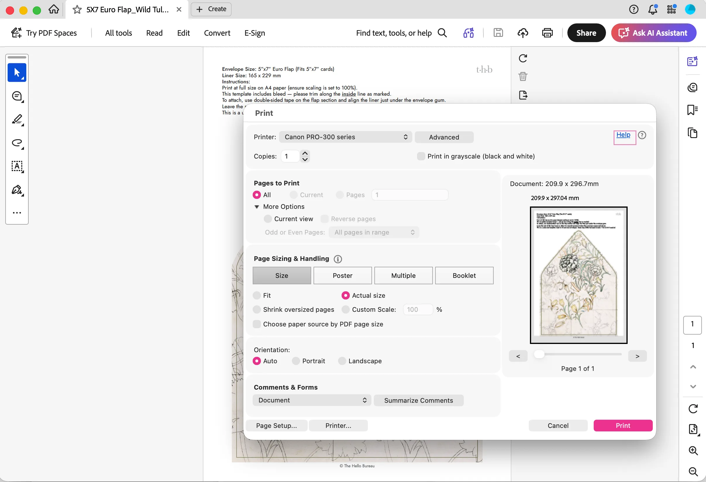 A screenshot showing the print settings of envelope liner templates.