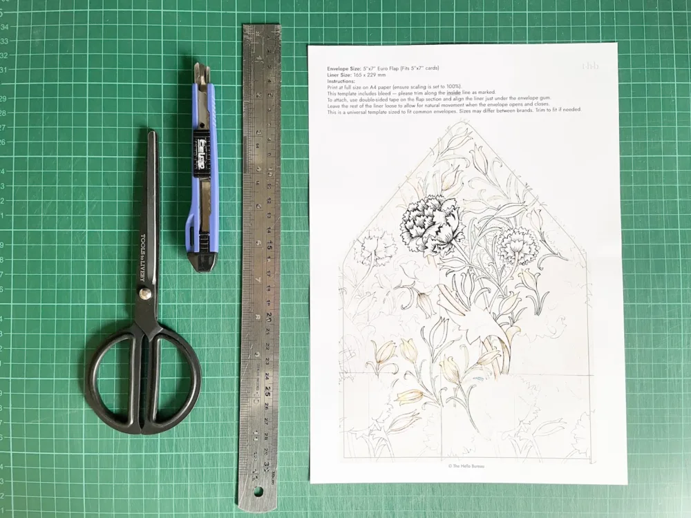 Printed Wild Tulip envelope liner template with scissors craft knife and metal ruler