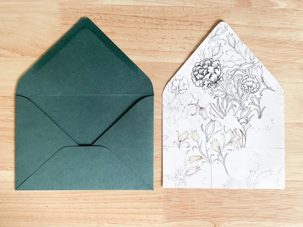 Green envelope next to cut Wild Tulip envelope liner ready for assembly