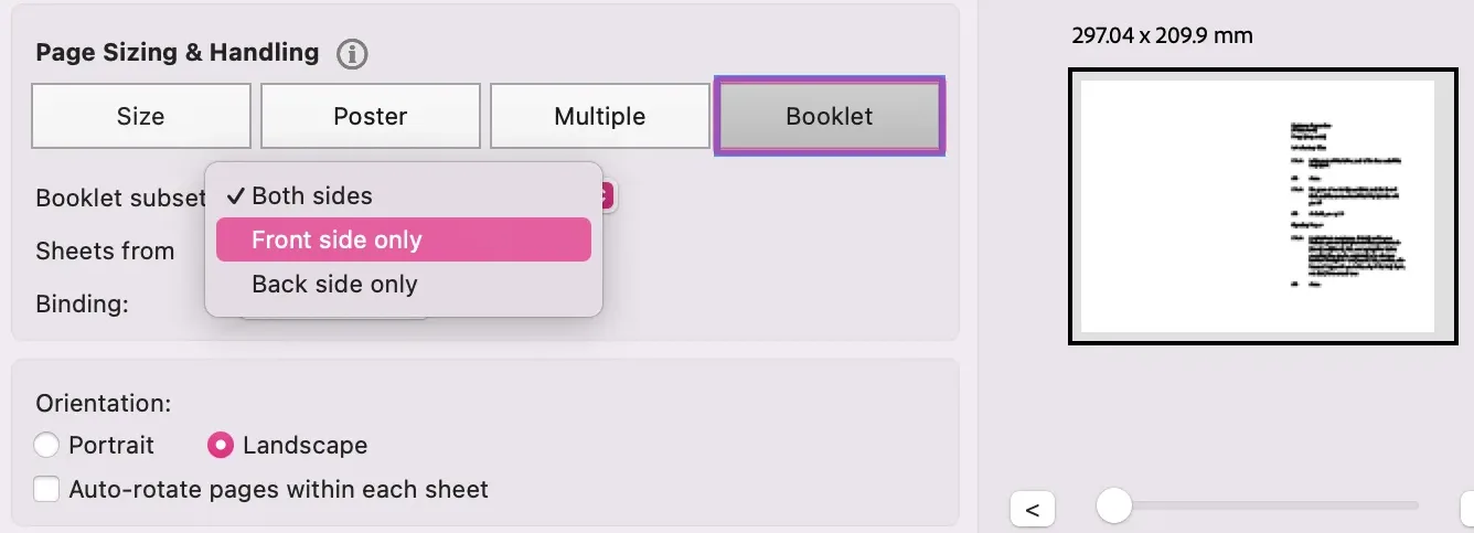 A screenshot of the page size and handling settings window in Adobe Acrobat Reader.