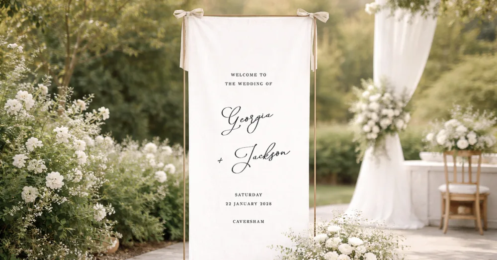 A white linen fabric welcome sign hanging on a gold frame at an outdoor wedding.