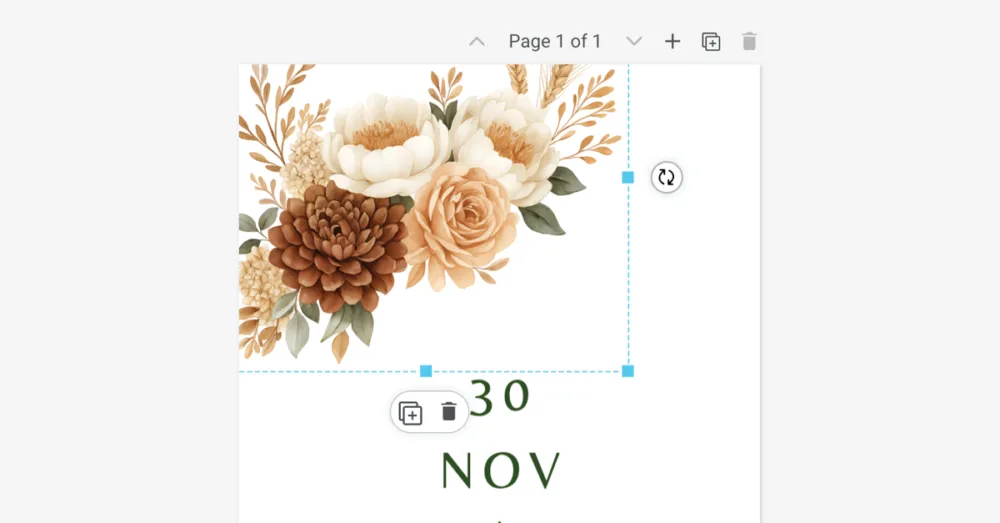 A screenshot of a digital invitation template with a floral illustration added to it.