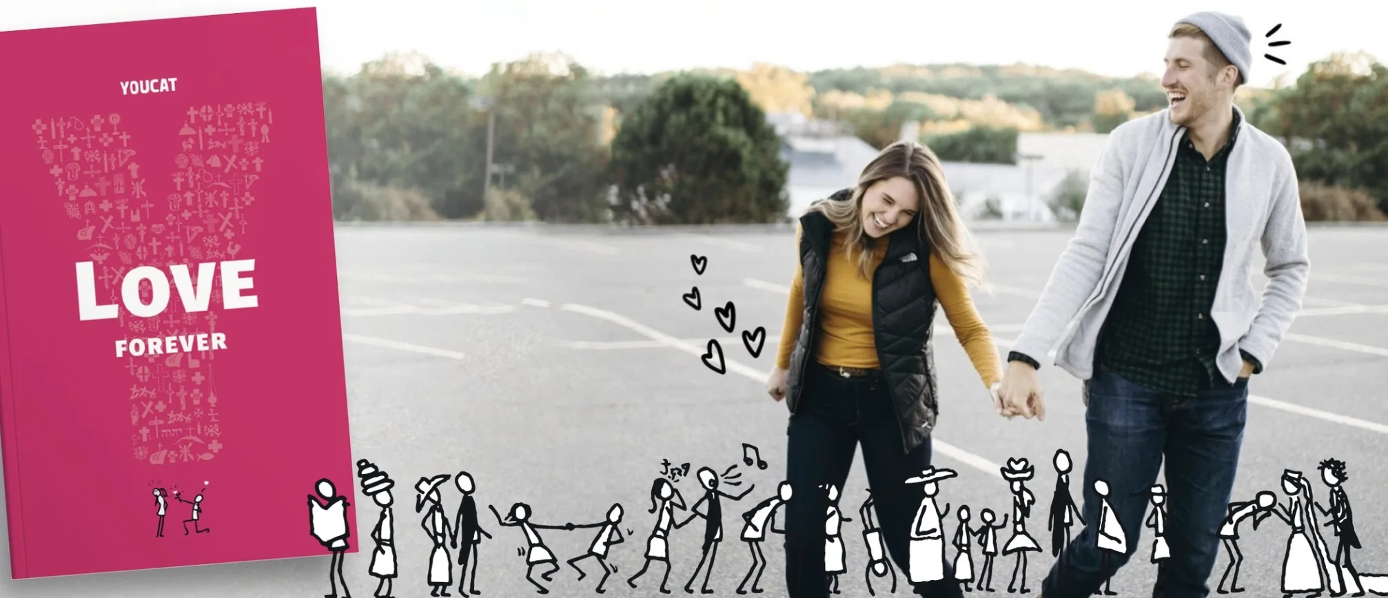 A couple holding hands and laughing with YOUCAT Love Forever book in the left-hand side.