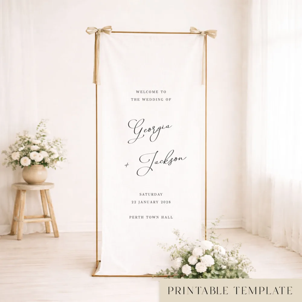 Gold frame with a modern white linen fabric wedding welcome sign.