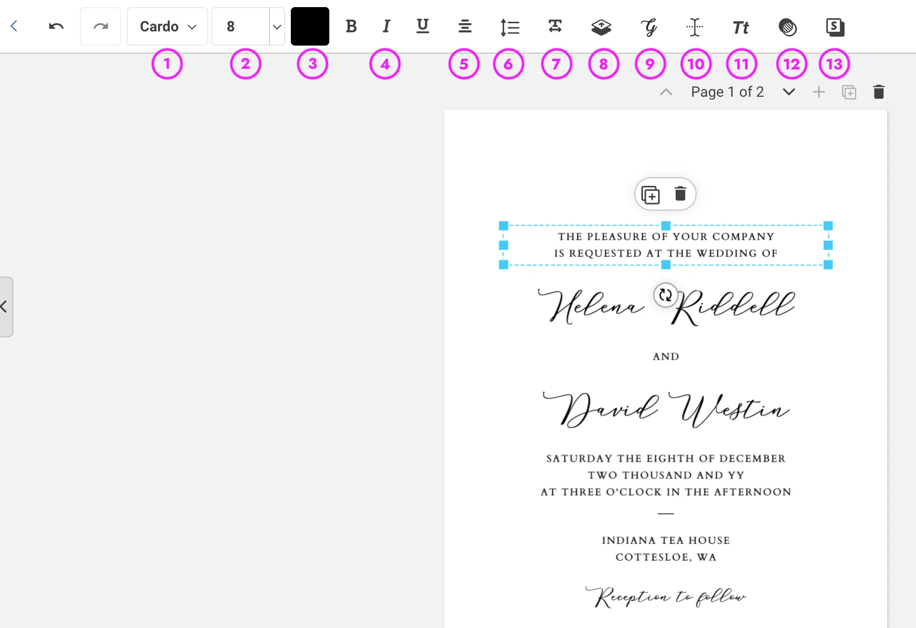 Templett text formatting toolbar with 13 numbered icons highlighted in pink, showing a wedding invitation template in the editor
