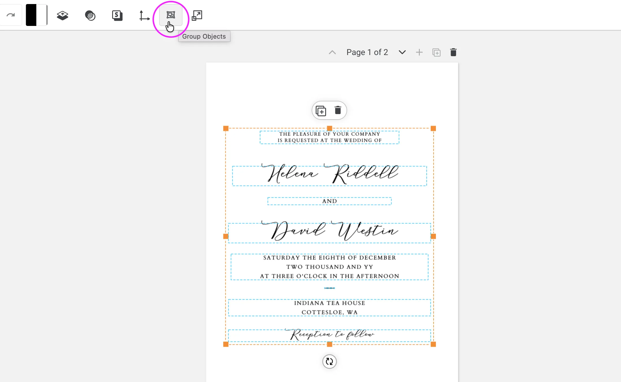 Templett editor showing the Group Objects tool highlighted in the top toolbar, with all template elements selected inside an orange bounding box