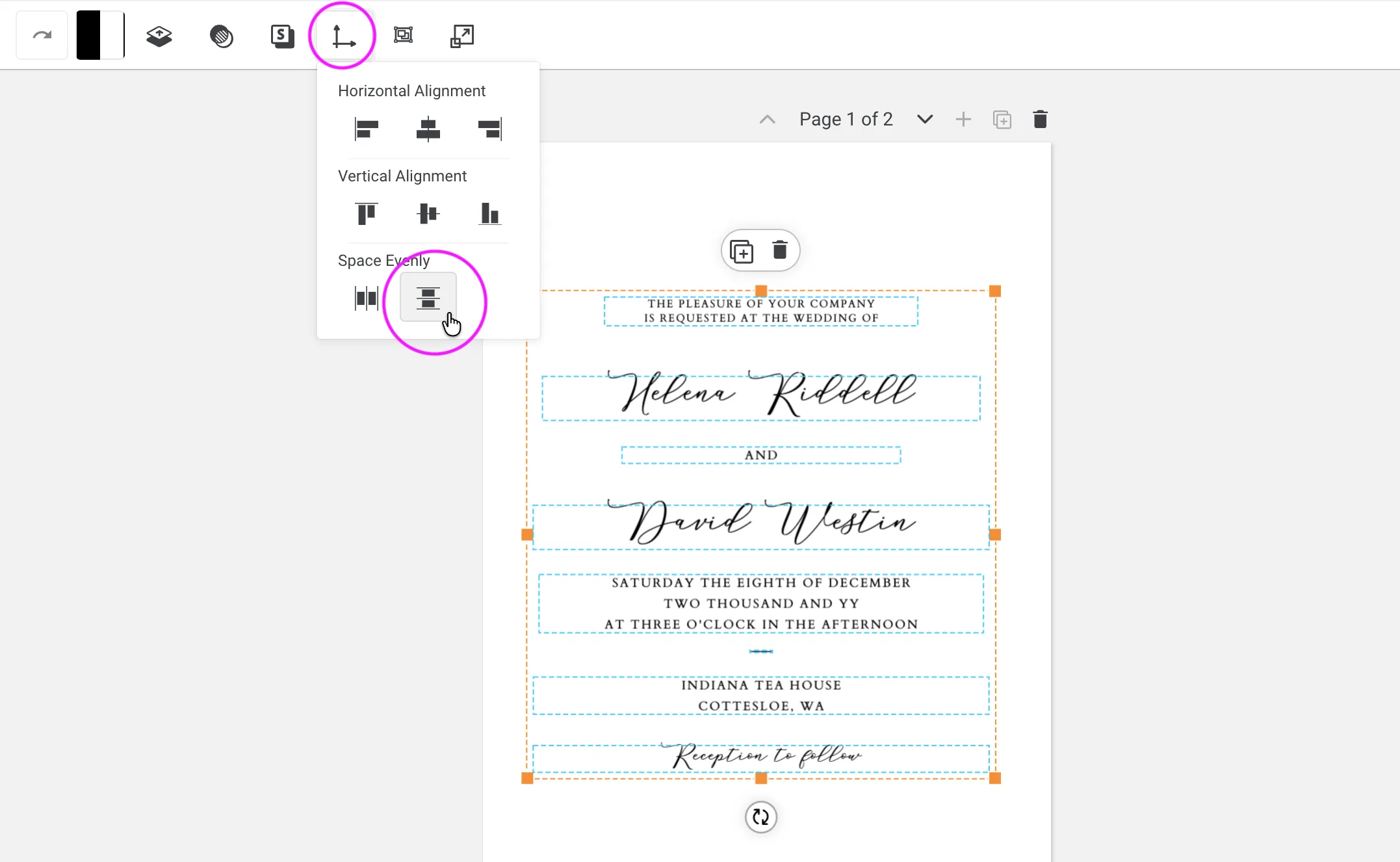 Templett Align Objects panel showing the Space Evenly vertical distribution option highlighted, with all template elements selected