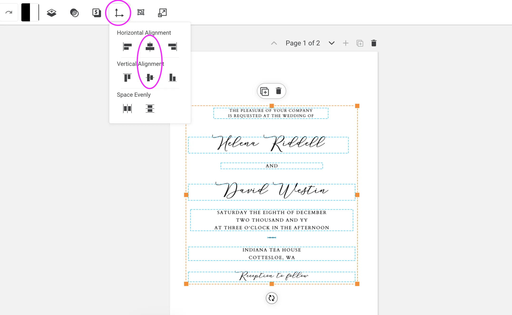 Templett Align Objects panel showing the horizontal centre and vertical centre alignment options highlighted, with all template elements selected