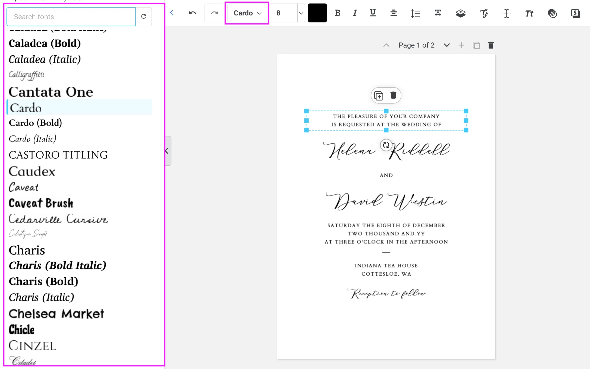 Templett font picker panel open with Cardo selected, showing a scrollable list of available typefaces alongside a wedding invitation template